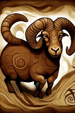 A brown earth elemental ram designed in cave paintings painted by Edvard Munch