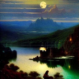 Drawing of 'Medieval Romanian Castle',mountain,lake,full moon, by gaston bussiere, greg rutkowski, yoji shinkawa, yoshitaka amano, tsutomu nihei, donato giancola, tim hildebrandt, oil on canvas, cinematic composition, extreme detail,fit full head inside picture,16k