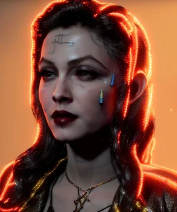 Night, Young Madonna, blonde, long line eye, pretty cyber woman, Led lights, cold ambient, latex, cables, glow, black, gold, piercings, brown, circuits, neon style, fog, rain, vibrant color, highly detailed, art stations, concept art, smooth, unreal engine 5, god rays, ray tracing, RTX, lumen lighting, ultra detail, volumetric lighting, 3d, finely drawn, high definition, high resolution.