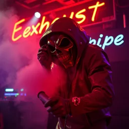 A exhaust pipe performing at dance club, his name is "exhaust pipe" and looks crazy, looks very aggressive look, Neon lights and smog, Im a "exhaust pipe" SIGN ON WALL