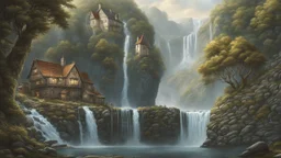 a medieval danish city at the foot of a waterfall at the end of a steep, narrow, 3.000 foot tall ravine. a masterpiece, fantasy concept art, dynamic lighting, hyperdetailed, intricately detailed, deep color, volumetric lighting,Mark Brooks and Dan Mumford, comic book art, perfect, smooth