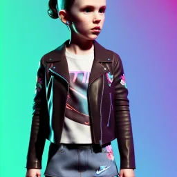 Millie bobby brown toddler, full body, leather jacket, floral shirt, floral skirt, Nike sneaker, soft skin, city background, dramatic lighting, hyper realistic