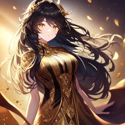 girl, masterpiece, best quality, volumetric lighting, detailed outfit, perfect eyes, black hair, long hair, golden eyes, messy hair, black and gold outfit,