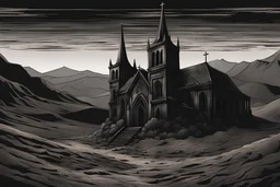 A dark gothic church emerges from a earthquake crack in a desert, dark slithering energies emerge from the church, demonic energy seeping through corruption veins, 4k resolution, digital art, in the style of Junji Ito manga