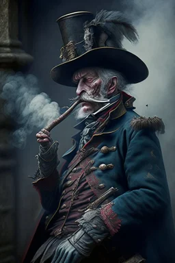 70 years old victorian bloodborne soldier with a musket and smoking a cigarette