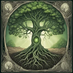 Blessed Life tree glowing with green life the roots digging deep into the ground, In Tarot Card Art style