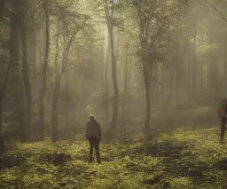 an old man is floating in the middle of the image in a misty forest in spring at sunrise with warm light rays, highly detailed, intricate, 8k, unreal engine, cinematic, vibrant, colorful, ultra high resolution