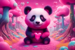 "A vibrant pink panda with a heart-shaped nose embarks on a whimsical adventure through a candy-colored world. From cotton candy clouds to jellybean paths, narrate the surreal experiences and magical moments as the pink dog explores this enchanting realm. What surprises and fantastical encounters await in this extraordinary pink-hued journey on LSD, DMT, and ayahuasca