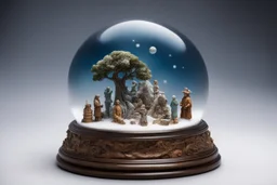 снежный шар, ось мира, Вокруг основания дерева можно разместить миниатюрные фигурки, символизирующие различные миры или слои реальности (например, мир богов, мир людей, мир духов). Каждый мир может быть выполнен в своем стиле и цвете.