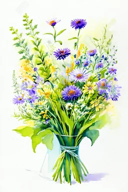 Handmade watercolor drawing, beautiful bouquet of wild flowers, super detailed