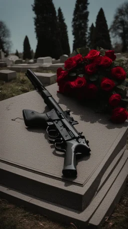 A grave in a field full of roses. Above the grave is a white lace scarf and a gun.cinematic