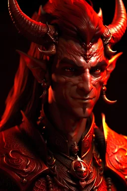 hard-edge style,highly detailed, high details, detailed portrait, masterpiece,ultra detailed, ultra quality, horns, male, red skin, tiefling, cute, full black eyes