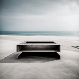 A minimalist photography of some metaphysical objects made of steel in an empty room, beach and sea in the background, dadaism and brutalism