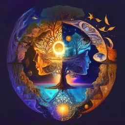 Psychedelic cafe design, mirror space with human face, sun, moon, stars, galaxy, love, water, fire, earth, wind and seventh element and light and tree of life