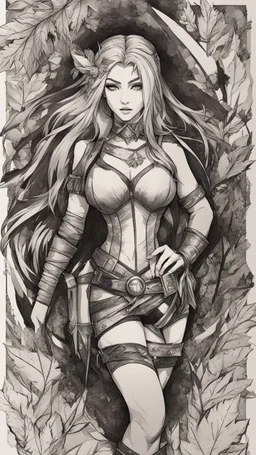 bits of color, furistic Sketch book, hand drawn, dark, gritty, realistic sketch, Rough sketch, mix of bold dark lines and loose lines, bold lines, on paper, Katarina, league of legends, leaves, animals, runes, dark theme,