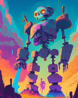 60s cartoon style photo of a huge savage skelton robot in far off galaxy, style of Hannah Barbara, studio ghibli, akira toriyama, james gilleard, warner brothers, trending pixiv fanbox, acrylic palette knife, 8k, vibrant colors, devinart, trending on artstation, low details, smooth