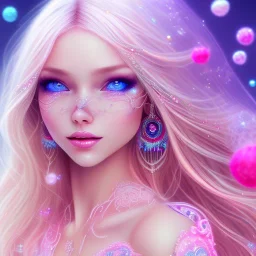 beautiful, soft, big smile face, whole head, long straight blonde hair blues eyes, crown on the head, clothing in transparent bluish and pink veil, background brillante bluish and pink, hight definition, 8K