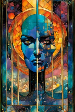 Create a chaotic abstract cubist Tarot Card depicting The Page of Swords , with highly detailed facial features, in the style of Bill Sienkiewicz, Philippe Druillet, Gustav Klimt, and Jean Giraud Moebius, precisely drawn, colored and inked, with ornate bordered edges