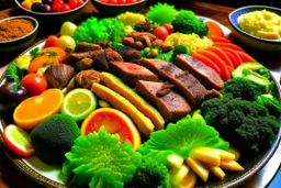 The picture shows a tasty and tempting dish containing a variety of delicious foods. The foods include slices of perfectly grilled meat and crispy fresh vegetables pulsating with colors and flavors.