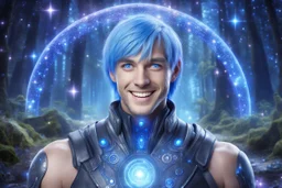 cosmic bionic beautiful men, smiling, with light blue eyes and straight blu hair in a magic extraterrestrial landscape with coloured fairy forest stars and bright beam