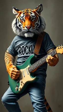 A tiger wearing jeans and tee shirt written on it “ Rocky” wearing playing an electrical guitar