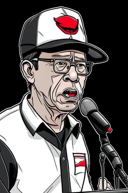 Ilustración vectorial de Gustavo Petro con gorra deportiva camisa, hablando con micrófono, colores negro, blanco y rojo, fondo negro