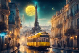 Lisbon city view in fantasy cyberpunk style with famous yellow tram, one eiffel tower in background, celestial cosmic sky