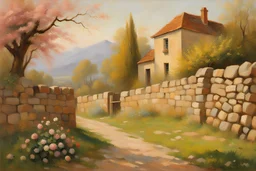 sunny day, spring trees, spring influence, flowers, stone wall, mountains, distant house, rocks, very epic, charles leickert, henry luyten, and fernand toussaint impressionism paintings