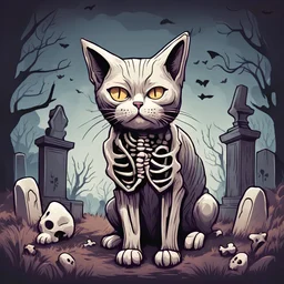 a cat with the bones on the outside in graveyard art style