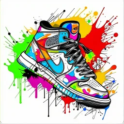 vector t-shirt art ready for print colorful graffiti illustration of Jordan 1 sneaker, frontal perspective, action shot, vibrant color, high detail, white background