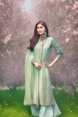 full body shot of very nice real face beautiful Ayeza Khan with make up standing in garden of Pomegranate and pear trees blossom, The almond trees wither, It's spring and it's summer, spring with green plants covering ground.