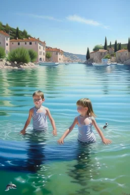 Neoclassicism 2 childeren swimming in the water the sea realistic cote d'azur painting