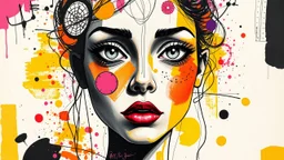 A mixed media collage featuring an abstract female figure with expressive eyes, adorned in vibrant patterns and symbols that evoke emotion., focus on face, isolated background, color splashes, scribbles, pen strokes, collage style, mixed media collage, scrapbook aesthetic, yellow-orange black purple pink white tones, vintage paper textures, hand drawn elements, playful use of shapes, bold shadows, whimsical atmosphere, textured brushstrokes, monochromatic palette, light pastel colors --ar 1:2 --