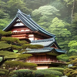 stunning, intricate japanese home in forest with mountain view and cerulean sky, mist, 8k, high-quality, ultrafine-detail, intricate, mixed media, painting, brian froud, howard lyon, anna dittmann, Greg Rutowski, alphonse mucha