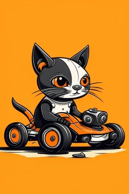 little robot cat, fixing with a racing car, orange and black