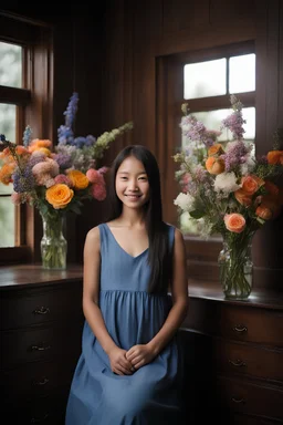 full body portrait - extremely beautiful 13-year-old girl, pitch-black shoulder length hair, the bangs cut straight across the forehead, extremely slanted eyebrows, blue eyes - smiling, facial makeup, dark, stained wood panel wall in the background with an assortment of floral arrangements, a bed, a dresser, and a window, professional quality studio 8x10 UHD Digital photograph by Scott Kendall - multicolored spotlight, Phot