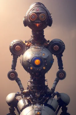 a beautiful full frame portrait digital painting of futuristic gaspunk robot, wide angle view, close-up, macro lens, centered camera, titanium accents, intricate details, small minutiae, tiny features, particulars, colorful, 8k, least ambient occlusion, volumetric lighting, volumetric clouds