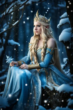 Elven princess,elven crown,long blonde golden hair,rapunzel hair,ice flowers,beautiful,light blue,dark blue,golden armor,sparkle,glitter,ice flowers,snow,elven ears,dark fairy princess