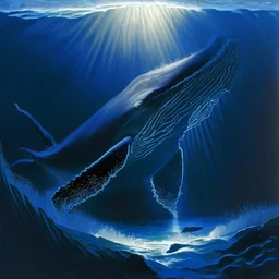 A dramatic, chiaroscuro-style acrylic painting of a powerful humpback hunting its prey in the depths of the ocean, with stark contrasts between light and shadow to emphasize the intensity and raw beauty of the scene