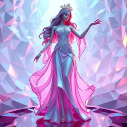 very complex structure ,pretty viberating color environment 3d metalic and crystal recursive animating beveled geometric base very complex structure future world evolving background and goddess realistic modern lady in pretty cleric dress comes out dancing gracefully , viberating color moving very in modern city escap environment while camera tracking it.