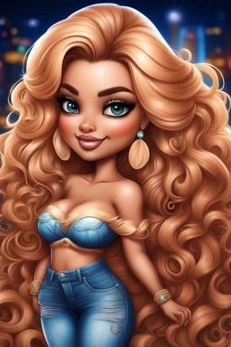 create an airbrush illustration of a chibi cartoon curvy polynesian female wearing Tight blue jeans and a peach off the shoulder blouse. Prominent make up with long lashes and hazel eyes. She is wearing brown feather earrings. Highly detailed long blonde shiny wavy hair that's flowing to the side. Background of a night club.