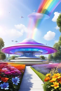 colors, very beautiful, ,flowers garden,rainbow, cité futuriste ultra moderne, ufos