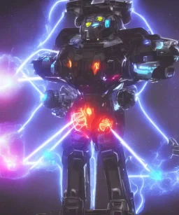 Futuristic mechwarrior holding cosmic astral water earth air fire plasma electricity sparks glowing sigils