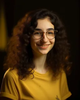 Jeune femme au sourire éclatant, longue et élancée, nez fin et petit, cheveux noirs, longs, bouclés et volumineux, porte de grandes lunettes rondes à la monture transparente. Elle porte un t-shirt de couleur jaune moutarde avec une chemise florale transparente. Rembrandt style lighting, 8k, portrait, HD.