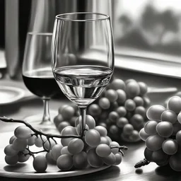 Create a highly detailed and photorealistic pencil sketch featuring a wine glass and a bunch of grapes on a table. The sketch should concentrate on the intricate details and textures, using precise and delicate lines. Emphasize the transparency and shine of the glass and the natural appearance of the grapes. The drawing should exhibit strong contrasts between light and shadow to add depth, capturing the reflective qualities of the glass and the subtle textures on the grapes' surface, giving a re