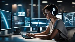 The medium close photo from a brown short hair woman sitting in front of her computer at night in t-shirt. She working in dark in a futuristic, hightech office. Pale lights, She appears to be focused on the task at hand. Her silhouette illuminated by the light of the monitor. There are multiple coffeecups on the desk, blur futuristic office background with pale light, realistic, deep colors, high detailed, sharp focus, perfect shot, professional photo