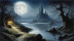 Style John Howe, calm beauty, night, moonlight, fantasy world, magic, Tolkien, beautiful composition, exquisite detail, realistic, fascinating, Middle Earth