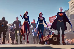 Supergirl leading a political rally on a soap-box, with people gathering around.