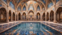 Superb symmetrical pictorial multicoloured mosaic floor, walls with pictures of bathers and swimmers, swimming pool, naked bathers, swimmers, night, water feature, symmetrical cathedral style high ceiling, relaxation, luxury, dream world, calm beauty, perfect symmetry, fantasy world, magic, beautiful symmetrical composition, exquisite detail, 85mm lens, adjust perspective, chiaroscuro, night, darkness, dramatic lighting