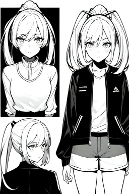 blonde girl with ponytails dressed in a jacket and shorts walks briskly, front view, greyscale